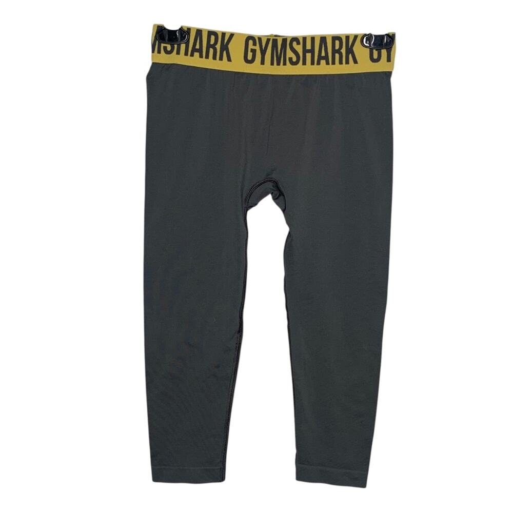 GymShark NWOT Cropped Seamless Leggings Logo Elastic Waistband Gray Yellow Sz S